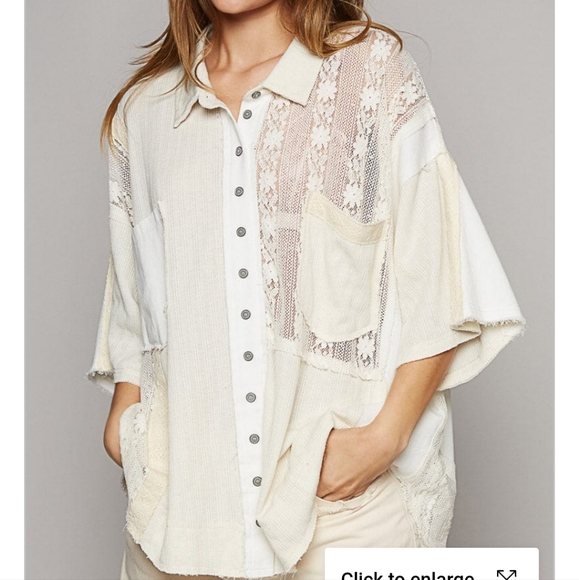 NWT  POL Oversized Mixed Thermal & Lace Button Down Shirt S - Picture 5 of 13